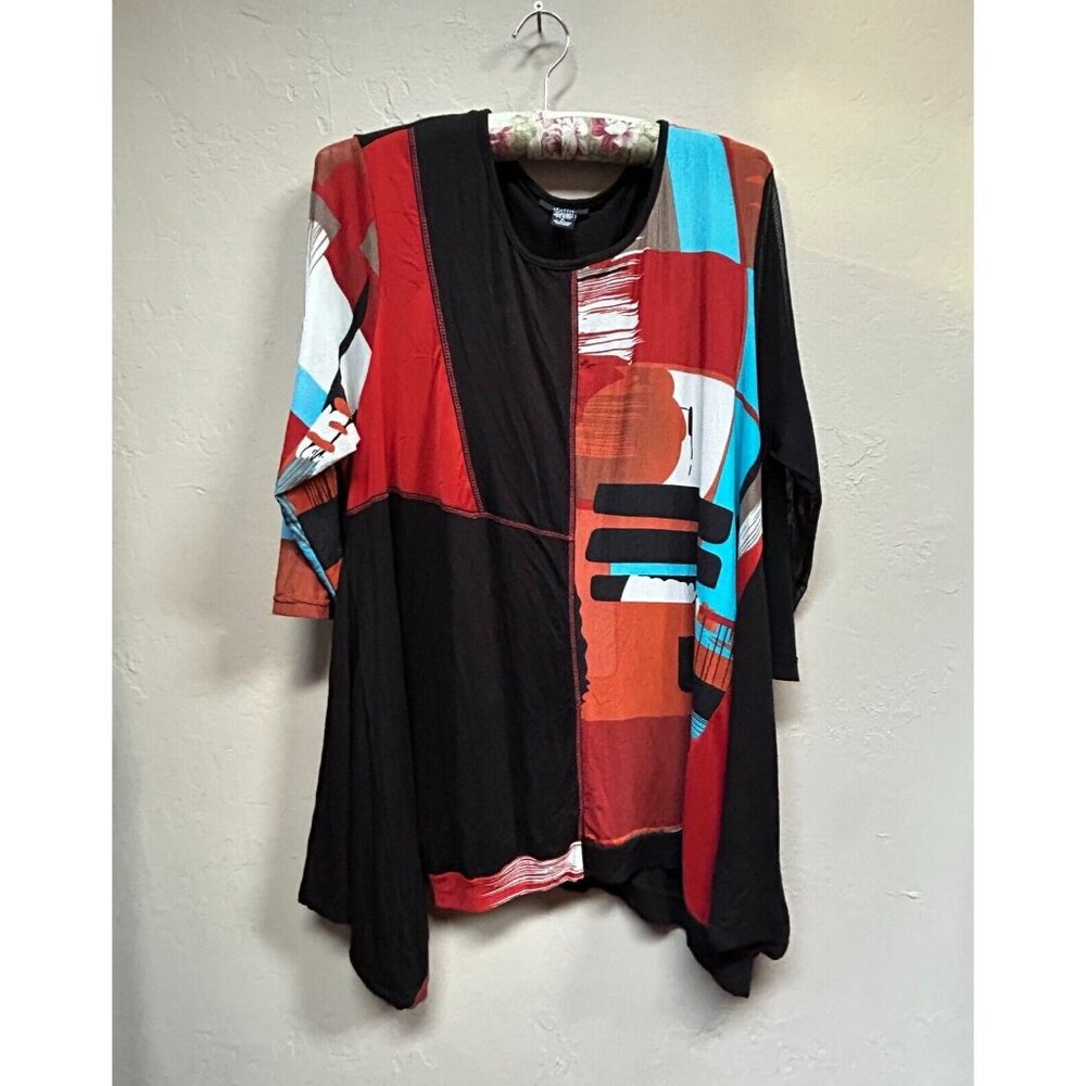 Dalin Womens Colorblock 3/4 Sleeve Asymmetric Tunic Top XL Black Orange Art Wear